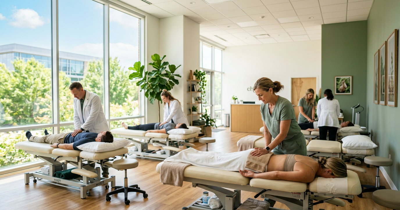 Professional chiropractor performing spinal adjustment in modern clinic
